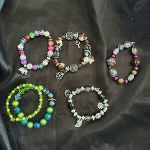 Stackable 6 Multi Color Bead and Charm Stretch Bracelets